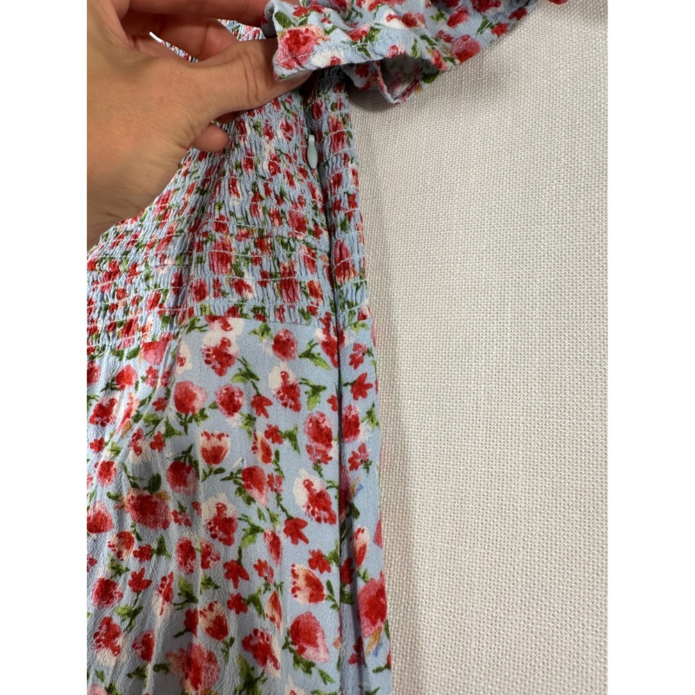 Zara Womens Floral Smocked Midi Dress Blue Red Flutter Sleeve Medium - Picture 5 of 9